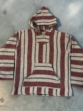 Vintage Baja Joe Rug Hoodie Men's Large Navy Blue Striped Woven Pullover Mexican